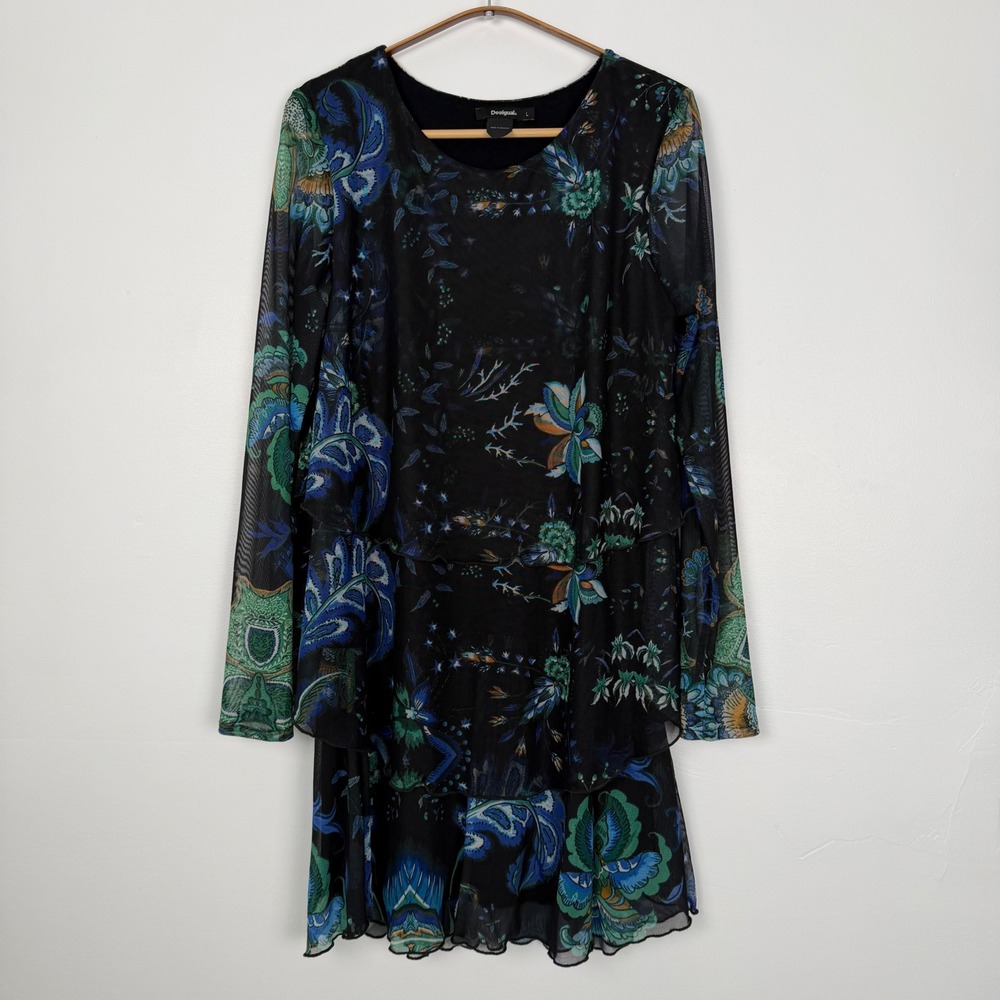 Desigual Womens Floral Paisley Mesh Tiered Mini Dress Black Blue Teal L 18WWVK97